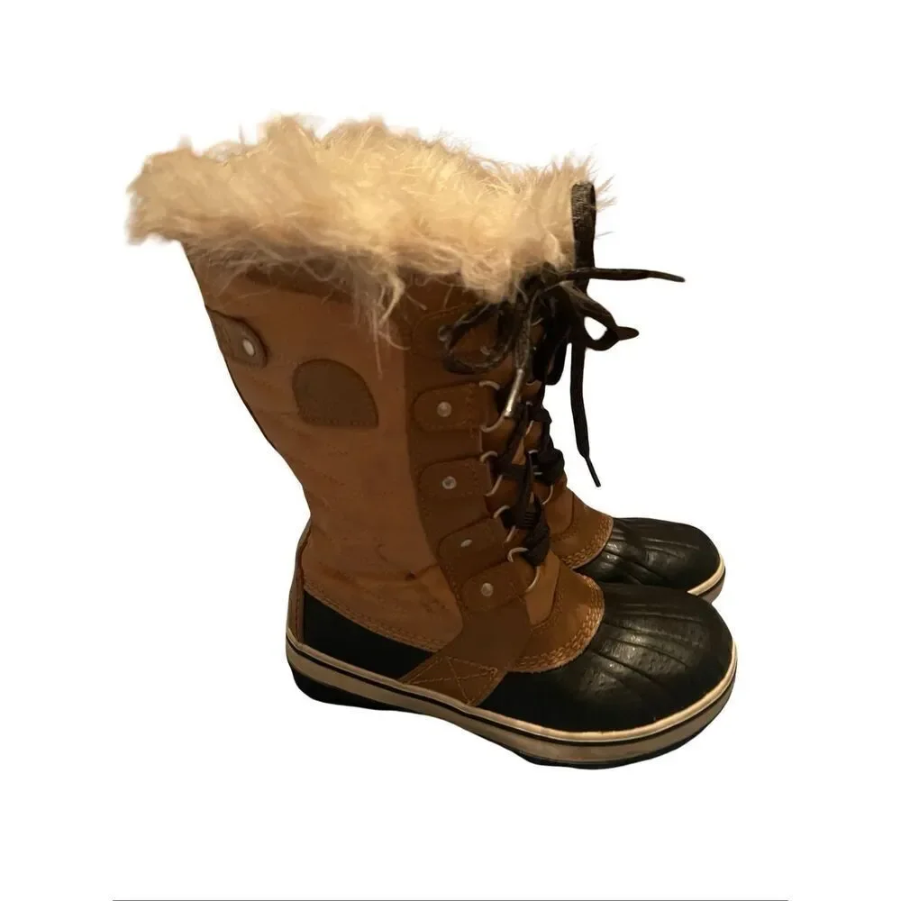 Sorel Tofino II Kids Girls Tan Black Faux Fur Waterproof Winter Snow Boot Size 2
